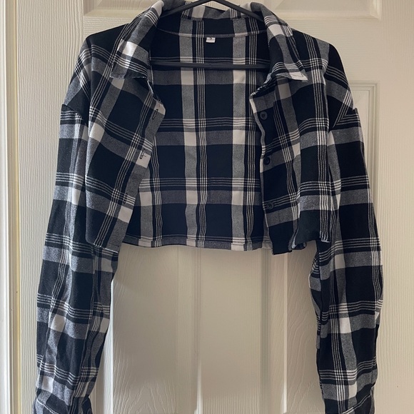 Shein black & white button up cropped flannel size S - Picture 1 of 1